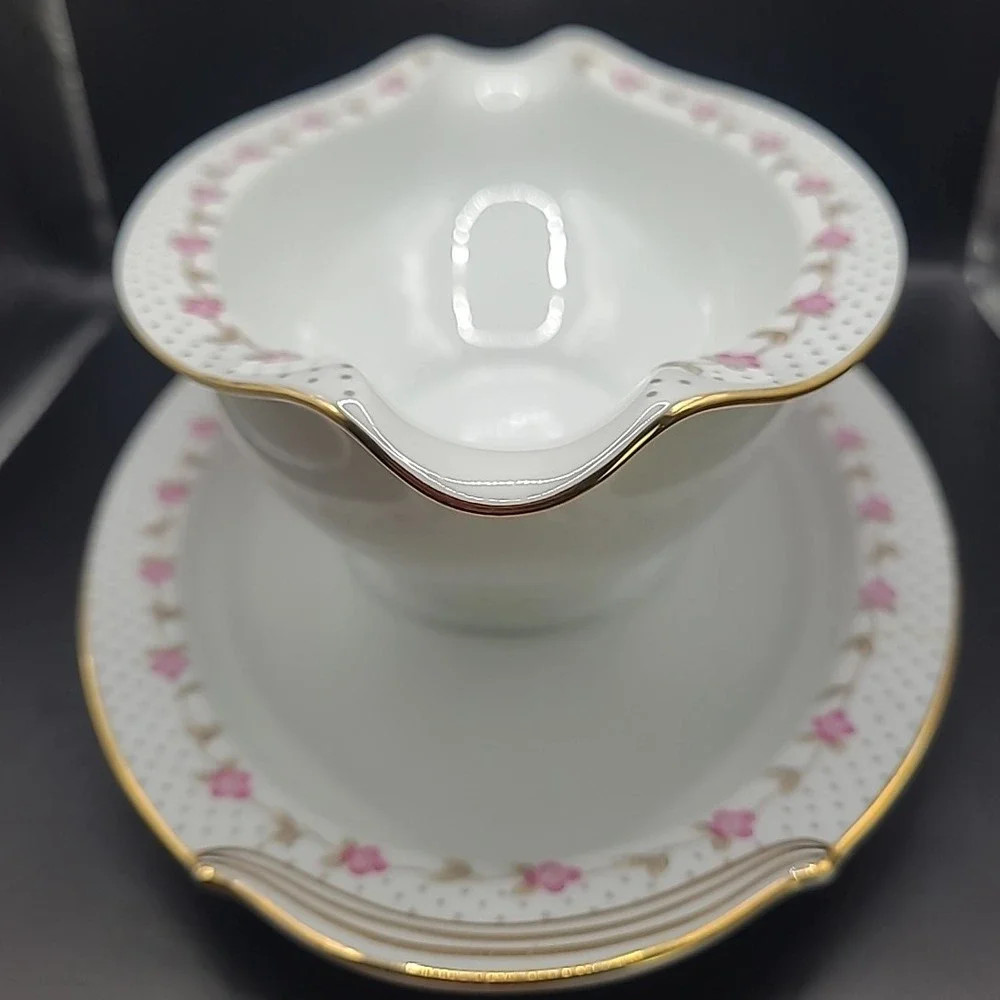 Vintage Noritake Elaine 5210 Gravy Boat Underplate‎ Pink Floral Gold Trim